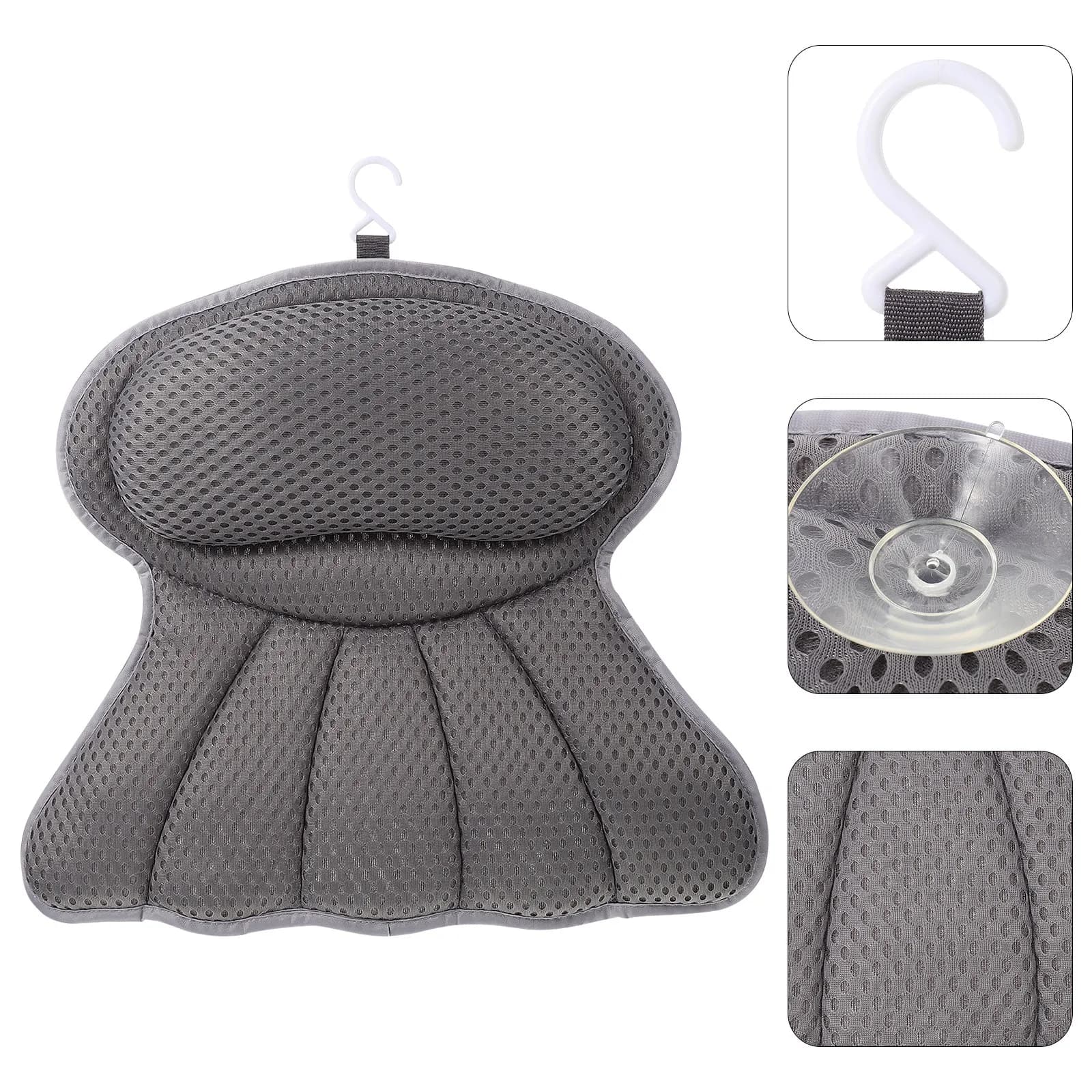 Cuscino da Bagno a Coda di Pesce 4D in Rete, Supporto per Testa e Collo, Antiscivolo con Ventosa, per Spa e Relax, per Casa e Viaggi, Grigio