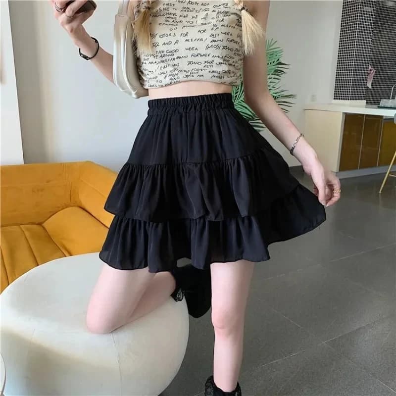 Gonna estiva mini a trapezio Kawaii, adorabile e provocante, a vita alta con volant, patchwork, stile Lolita, Y2K, dolce abbigliamento coreano da donna