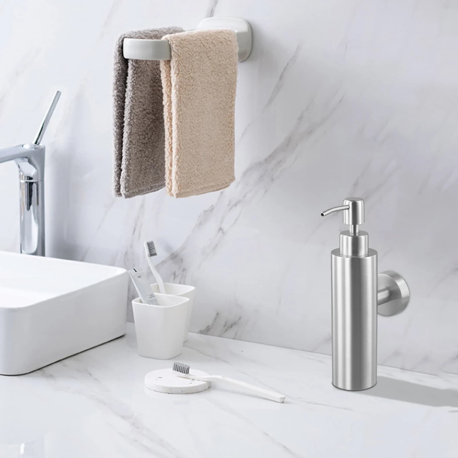 Dispenser di sapone a parete in acciaio inossidabile con pompa, accessori per il bagno, 250 ml, per bagni, toilette, cucine, hotel