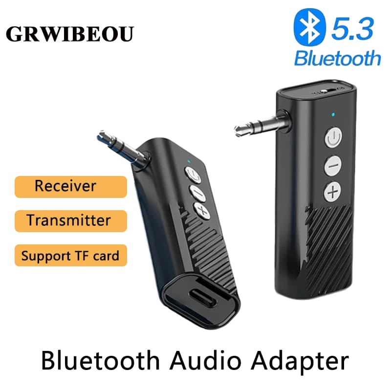 GRWIBEOU 3 IN 1 Ricevitore e trasmettitore wireless Bluetooth 5.3 Supporto per trasmissione di schede TF con metallo da 3,5 mm per TV, cuffie, auto