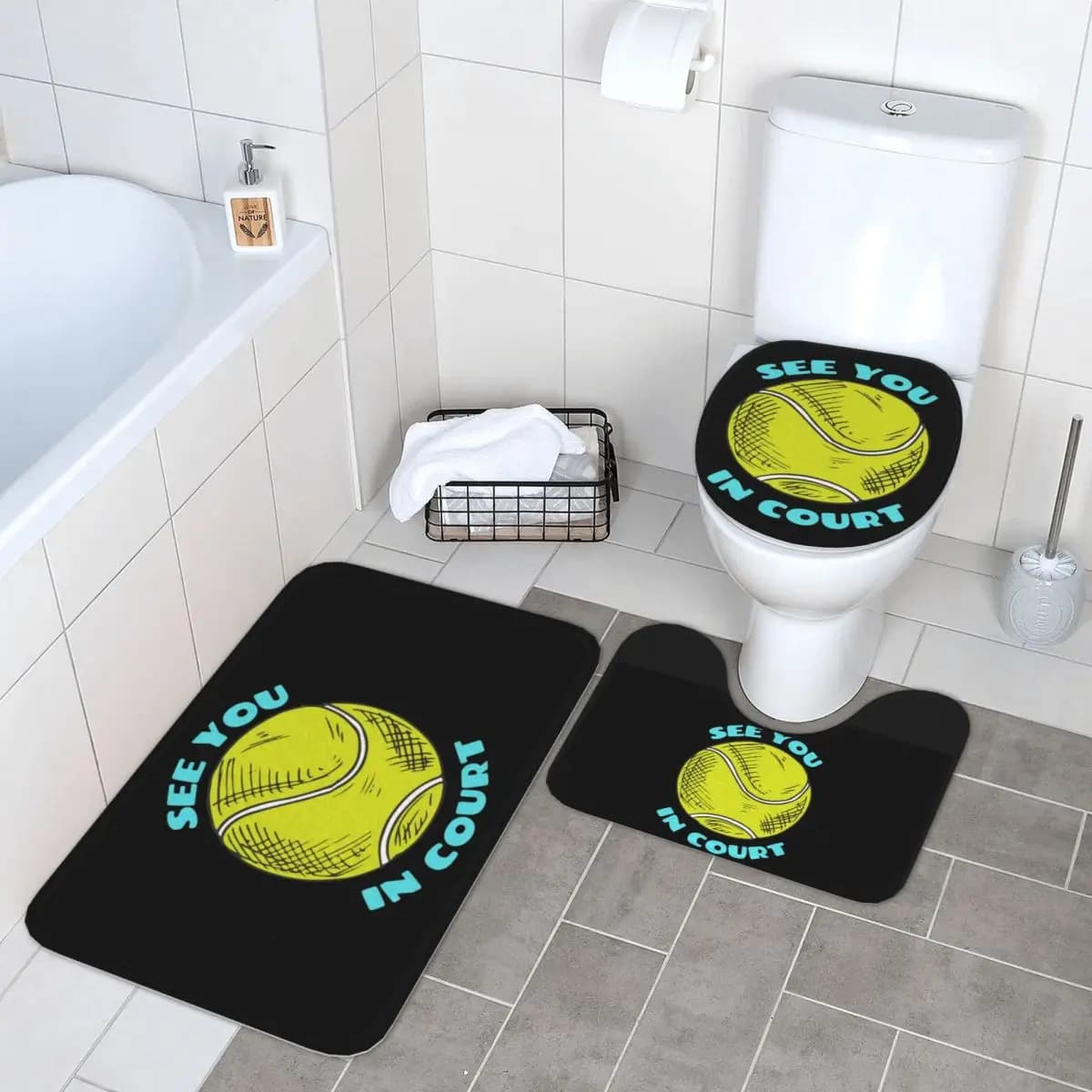 See You In Court Divertente giocatore di tennis Tappetino da bagno in 3 pezzi Set da bagno Copriwater Decorazioni per la casa Tappeto antiscivolo