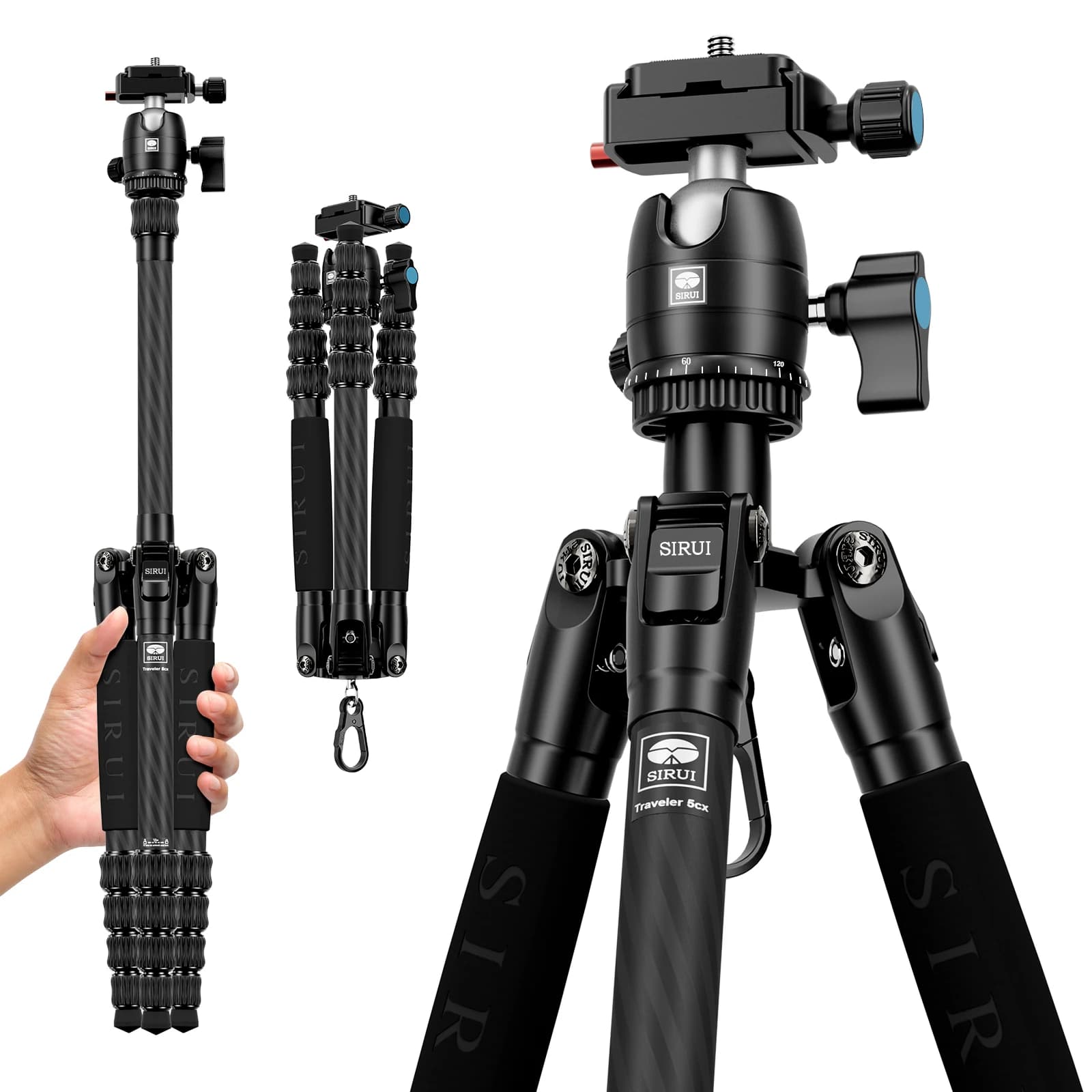 Treppiede da viaggio SIRUI Traveler 5CX, treppiede professionale per fotocamera DSLR, leggero in fibra di carbonio con rotazione a 360° ° Treppiedi con Testa a Sfera Panoramica 141CM