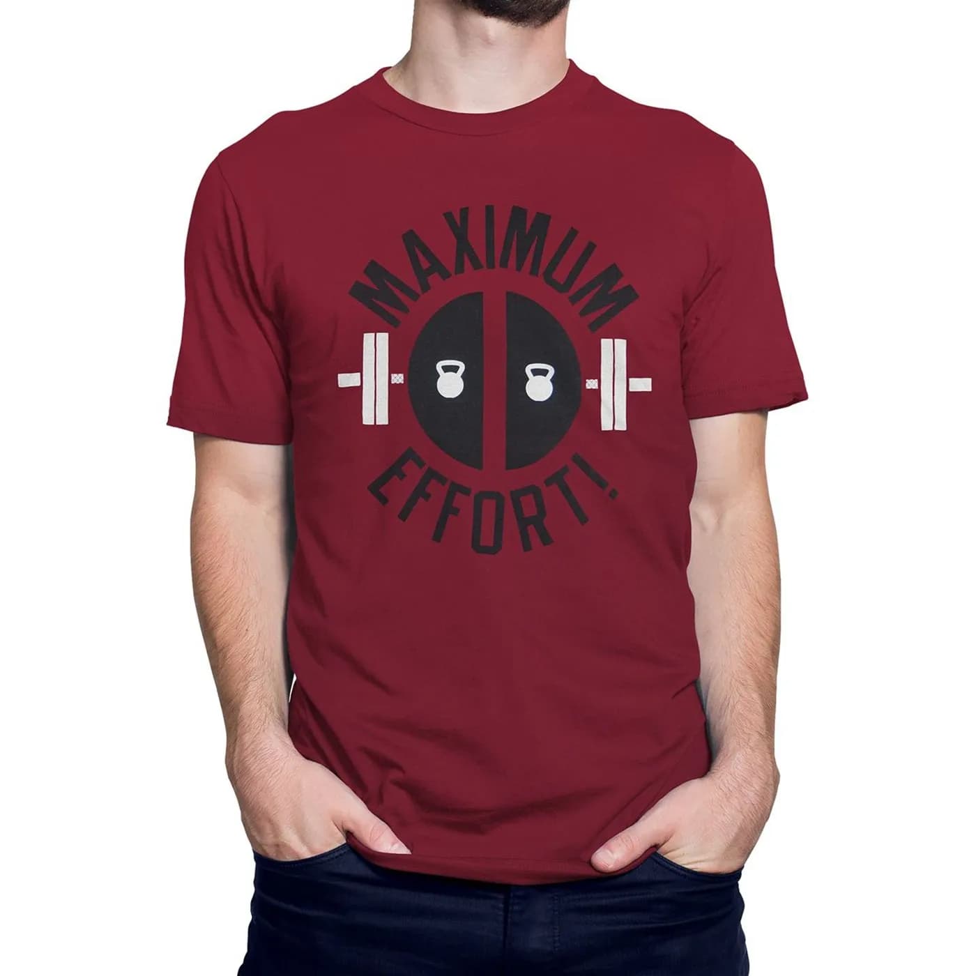 The shirt with print of letters with handlebars and kettlebell Design Exercise T-shirt inspired by Marvel for men fitness casual