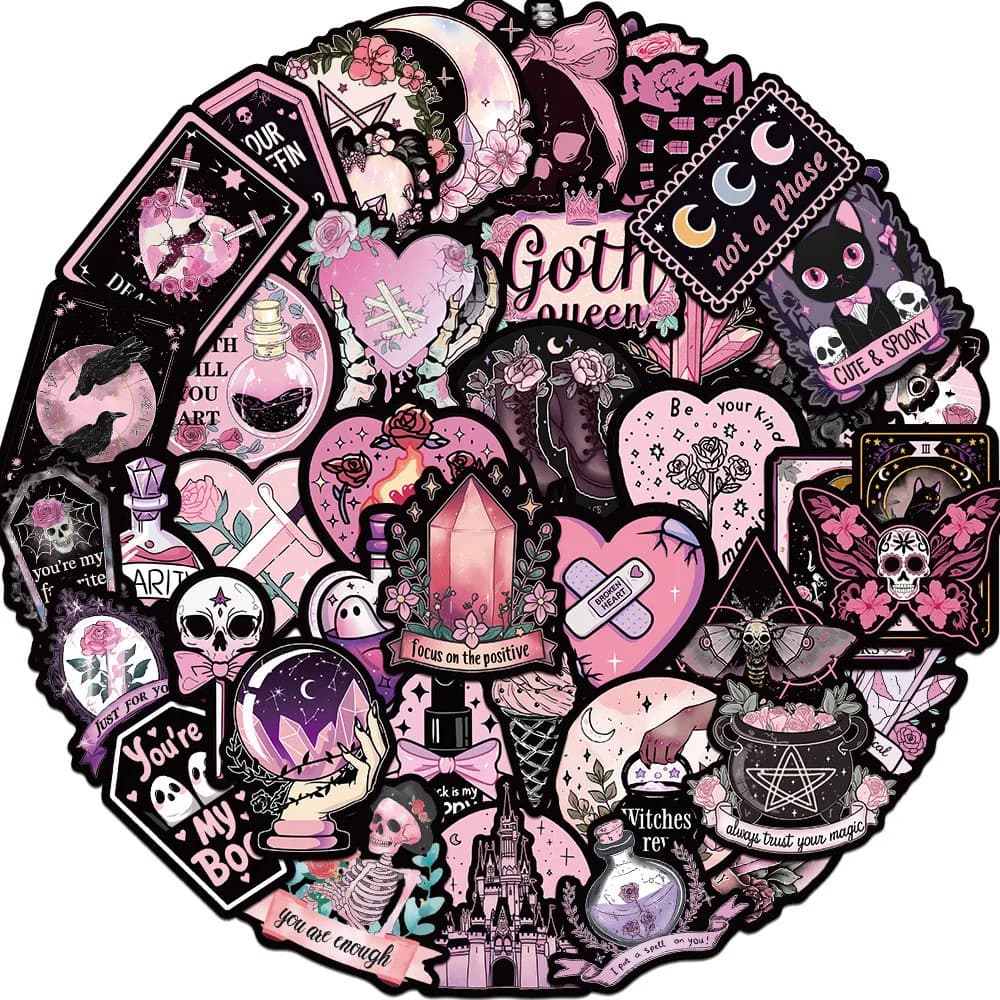 50 waterproof pink and black gothic stickers for decals for astucci for hand accounts for bicycle helmet