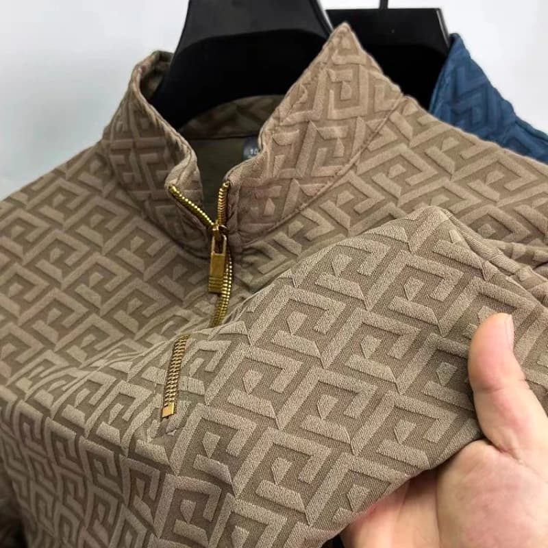Top Quality Geometric Jacquard Sweater Men's Zippered Standing Neck Long Sleeved T-shirt Autumn New Fashion Brand Loose Pullover