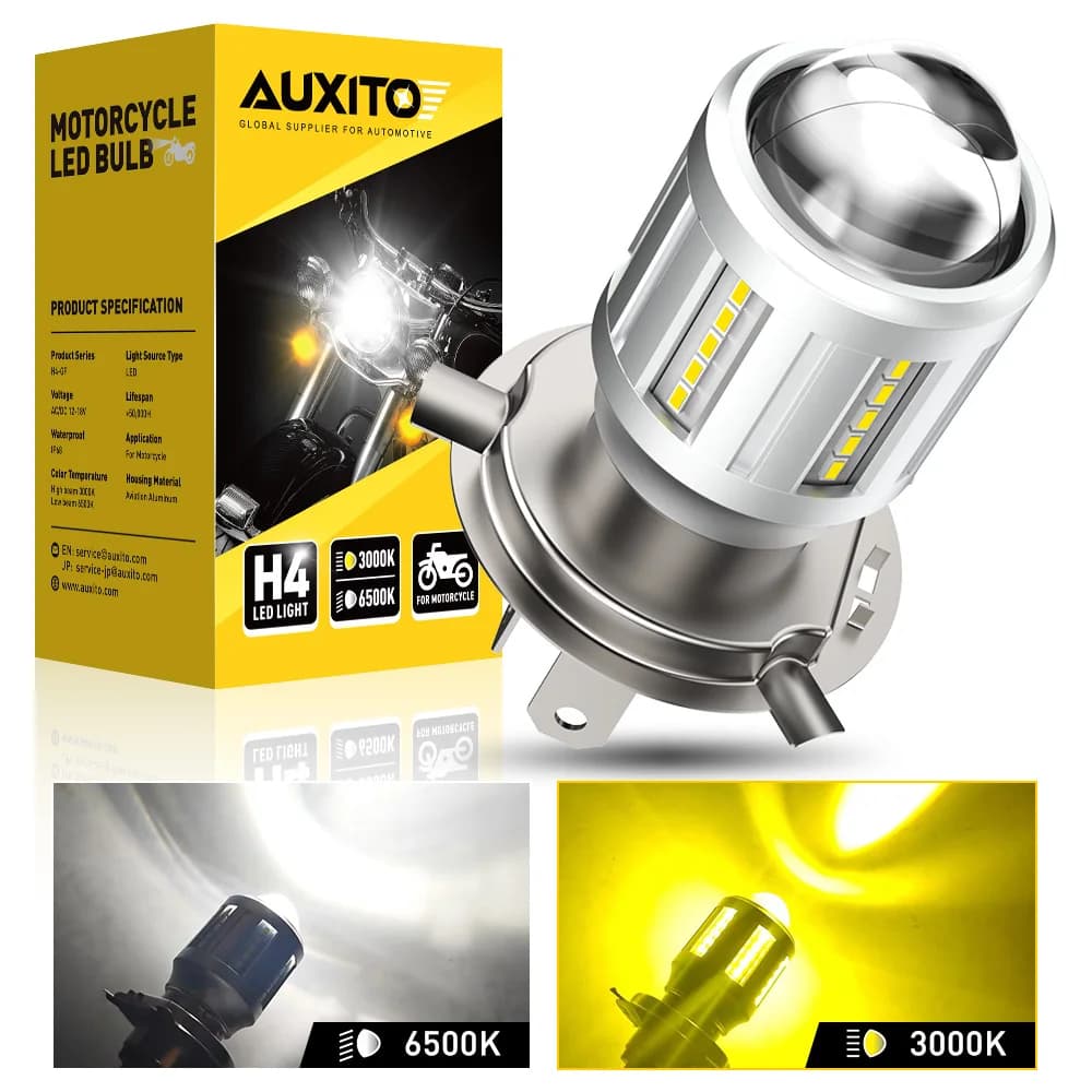 AUXITO 1 Pz H4 Moto Faro A LED Fascio Alto/Basso Lampadine Lampada Moto Con LENTE Fanless Dual Color Bianco Giallo 12 V