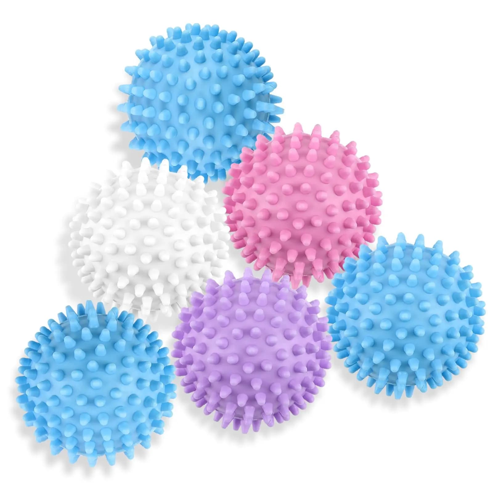6-piece reusable laundry balls for drying fabrics. The plastic granule bags can soften, reduce wrinkles and static electricity