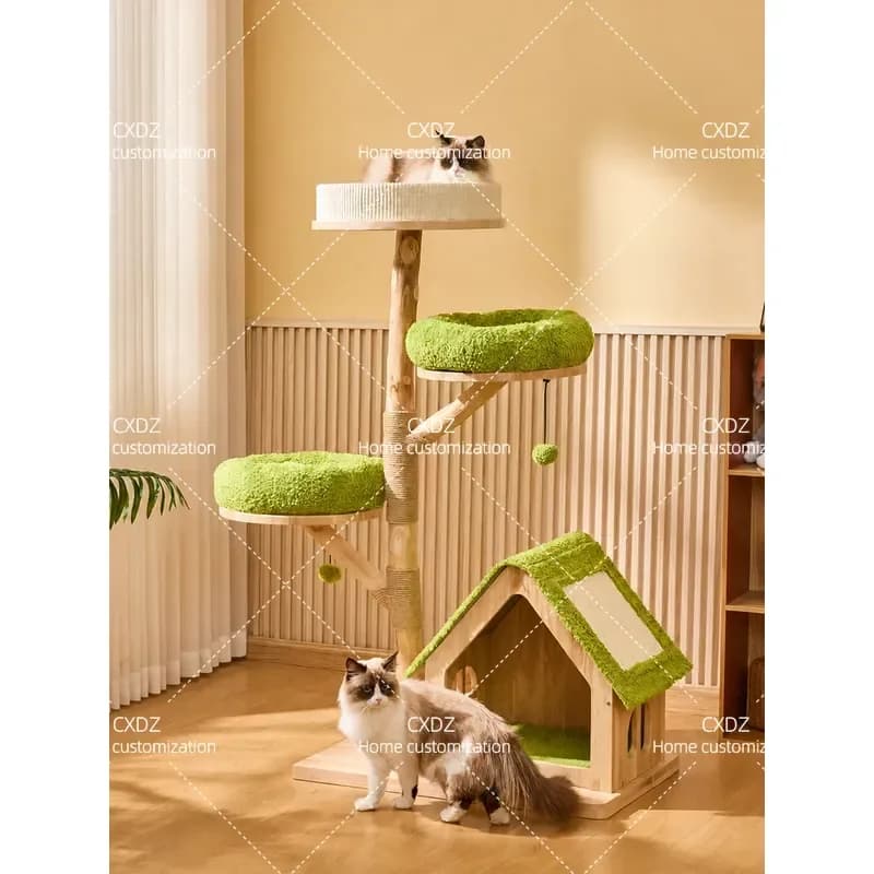 Full Solid Wood Cat Tree House Oak Climbing Frame with Nest Large Integrated Cat Villa for Maine Coon Space Saving Design