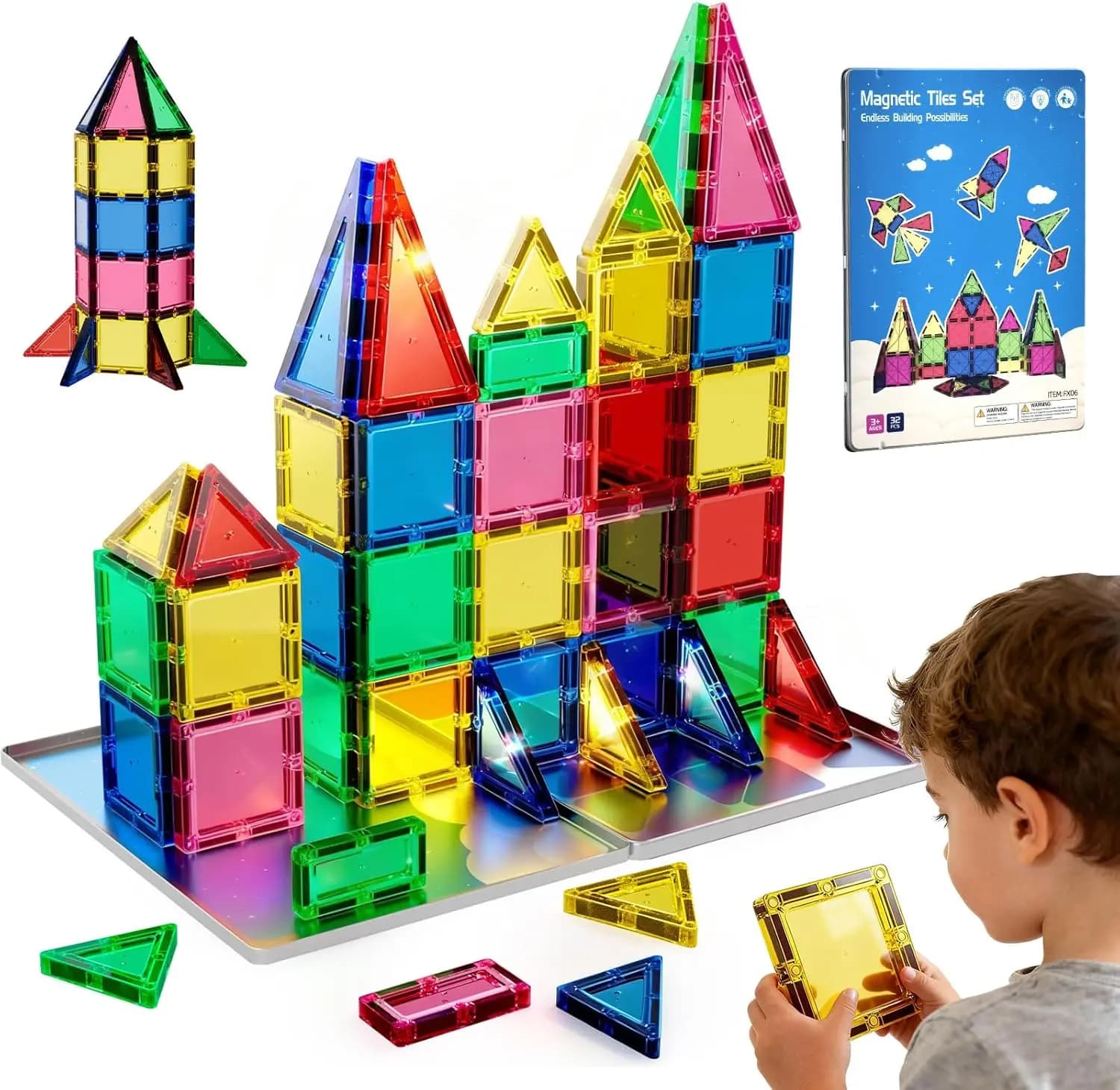 32 Pezzi di Piastrelle Magnetiche Giganti con Scatola in Ferro, Design Anti-Soffocamento, Magneti Potenti per Giocattoli Educativi STEM