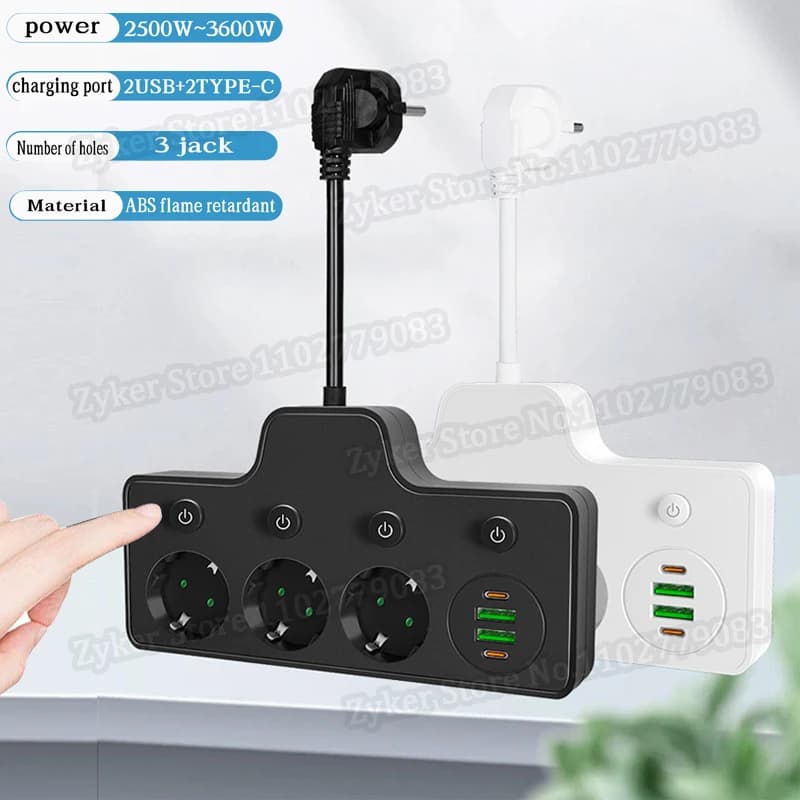 Multipresa con spina europea con 3 prese CA + porta USB + adattatore presa di tipo C caricatore da muro per filtro di rete Home Office ricarica rapida