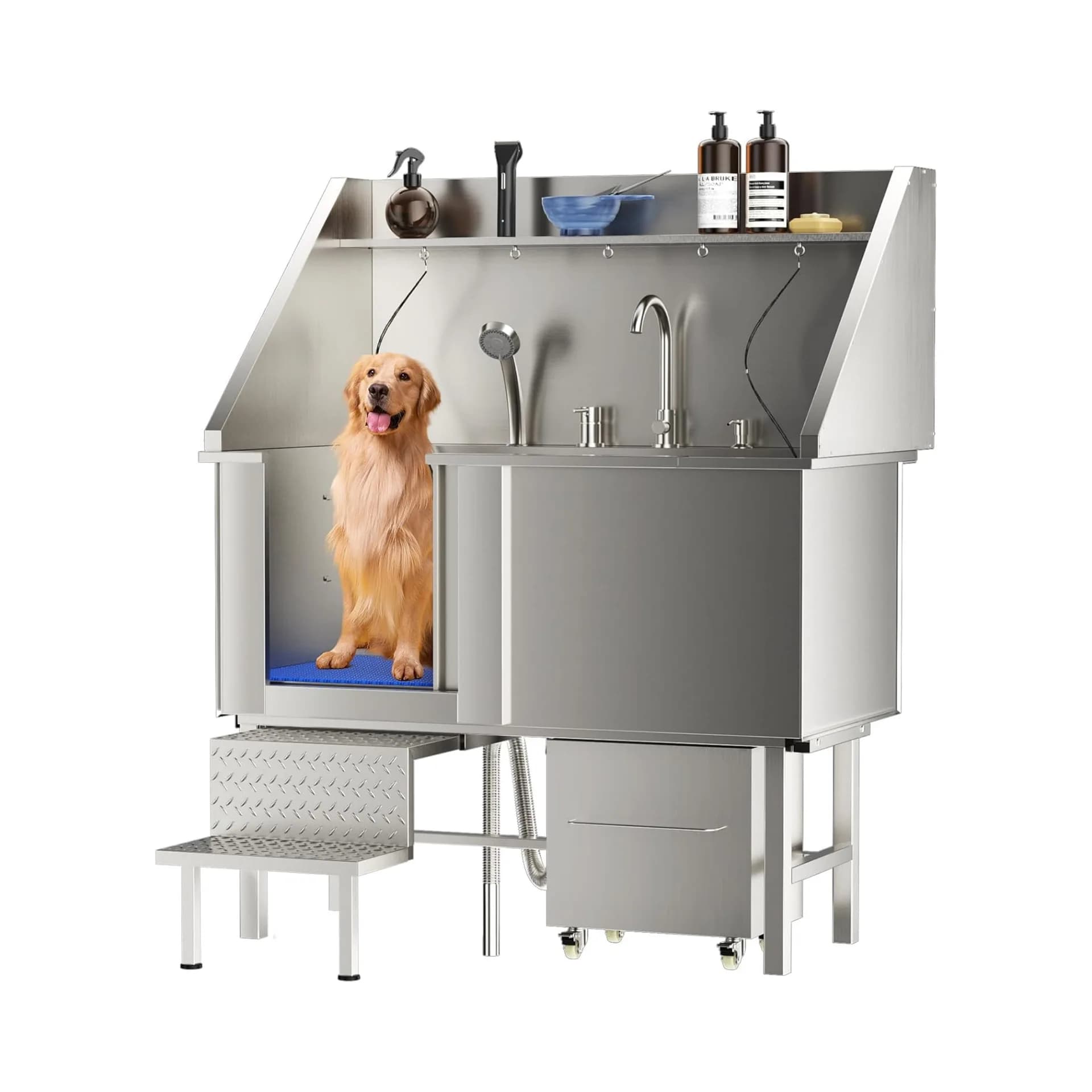 Vasca da bagno per cani in acciaio inossidabile con ripiano per rubinetto a rampa Stazione di lavaggio professionale per toelettatura animali domestici per cani di taglia grande