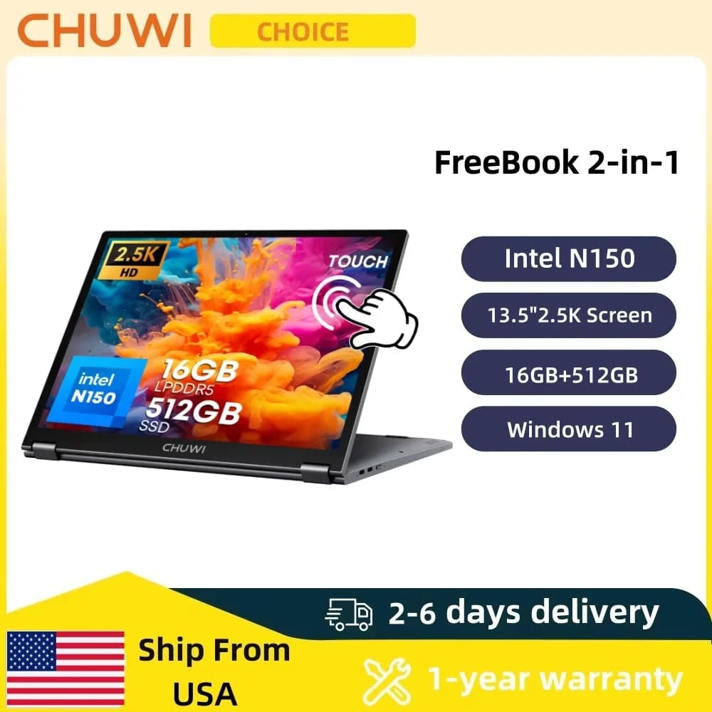 CHUWI FreeBook Laptop 2-in-1 with Touch Screen 13.4', Intel N150, 16GB RAM LPDDR5, 512GB SSD, FHD 2520x1680, WiFi6, BT5.2, Windows 11