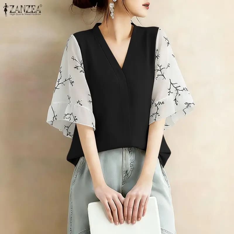 Camicetta Floreale Patchwork Estiva 2026 ZANZEA, Top Elegante da Donna a Maniche Corte con Scollo a V, Camicia da Lavoro Alla Moda, Tunica Elegante per le Vacanze