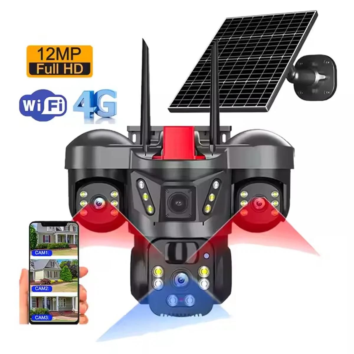 Pannello solare per fotocamera 4G con triplo obiettivo Batteria 8000mAh Rilevamento PIR+radale 355 ° Rotazione PTZ Conversazione bidirezionale Cloud/Servaggio TF Impermeabile