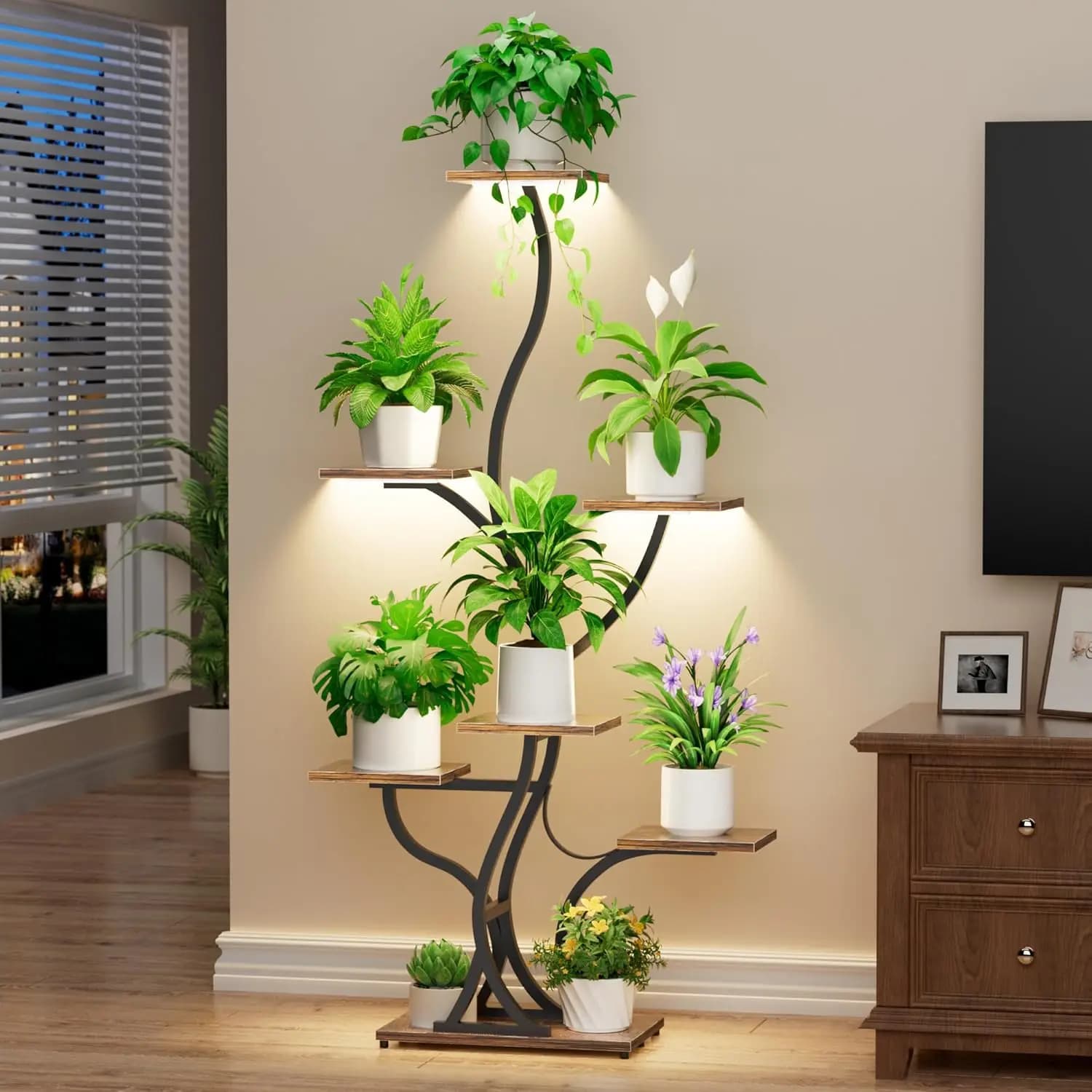 Support for Indoor Plants with Growth Lights - Indoor Plant Shelves 150 cm, 7 Level Display for Vases