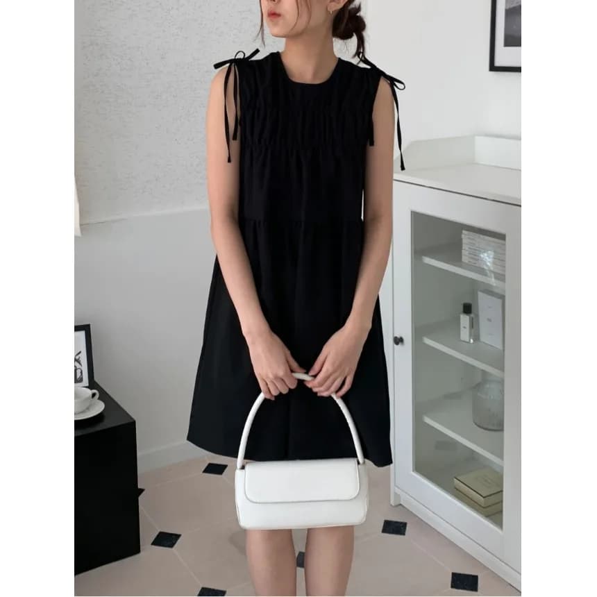 Fashionable Korean Style Chic Vest Dress with Bow Tie And Pleated Effect Summer Loose Fit round Neck A-Line Dress for Women