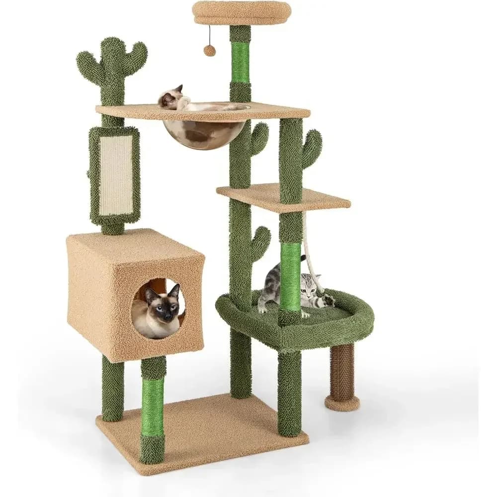 59 Tall Eco-Friendly Cat Tree with Sisal Posts, Condo, Perch, Bed, Groomer, Rope, Ball for Indoor Cats