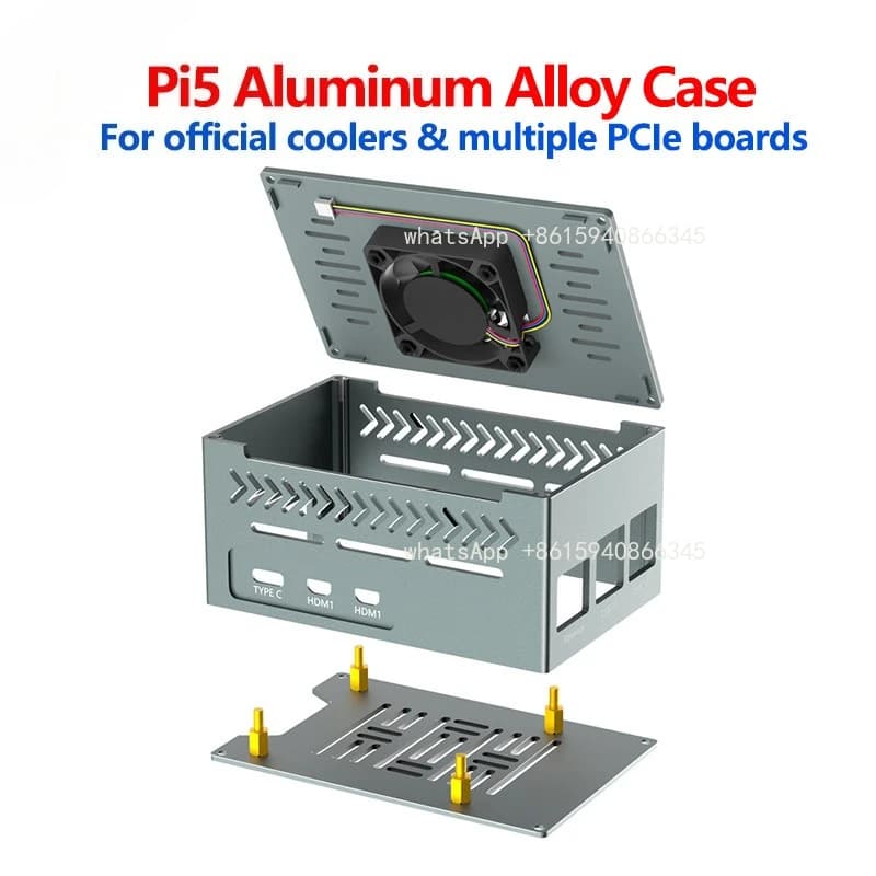 Guscio in lega di alluminio per Raspberry Pi 5, con dissipatore di calore e ventola in rame puro, ampio spazio per supportare schede di espansione PCIE
