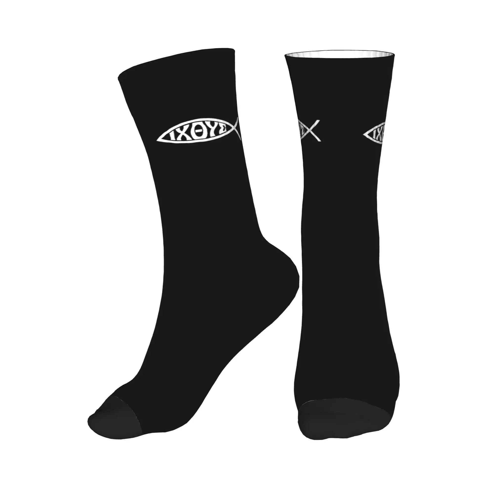Kawaii Printed Ichthys or Ichtus IXOYE Christian Fish Socks for Women Men Stretch Summer Autumn Winter Crew Socks