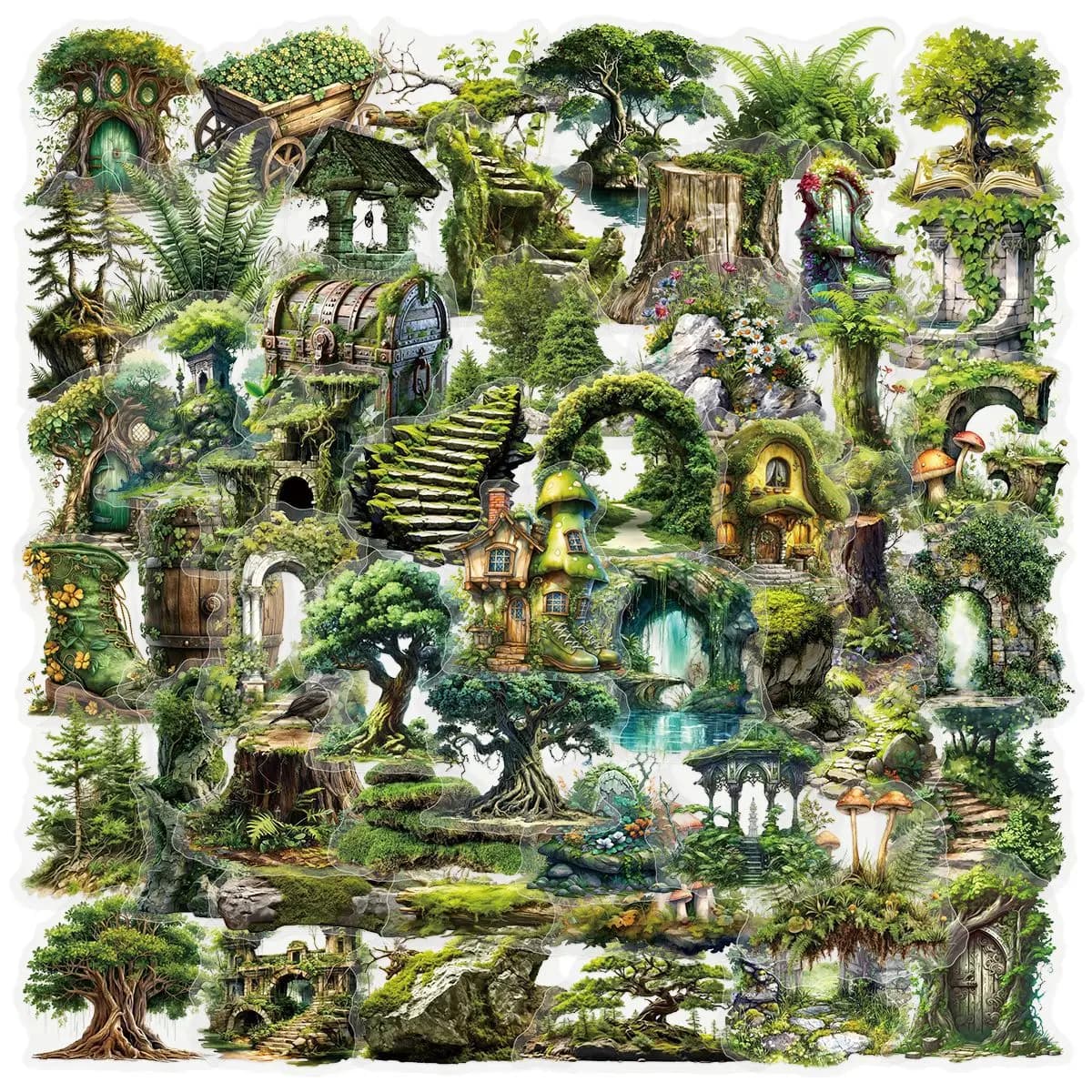 50 Pcs Wizard Forest Fantasy Stickers Secret Forest Theme Transparent Material for Phone Case And Notebook Decor