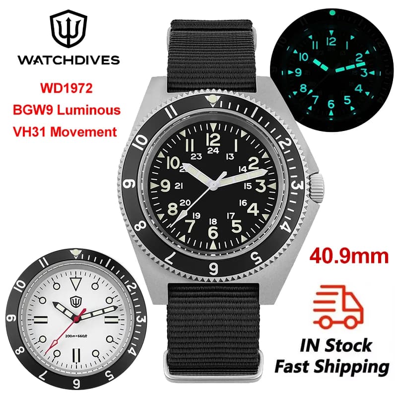 Watchdives WD1972 Quartz Watch VH31 Sweep Seconds Movement Sapphire Crystal BGW9 Luminous 20Bar Waterproof Vintage Men Watches