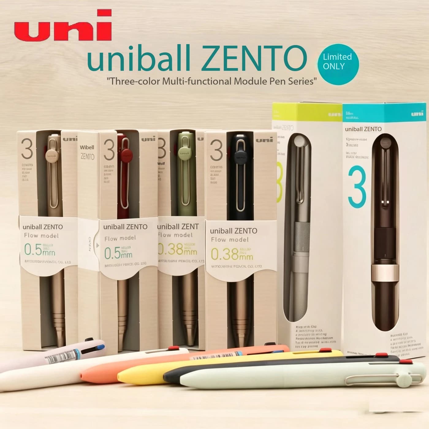 Premium Uni ZENTO 3-Color Pen 6 Years Development Business Gift Pens 0.5/0.38 Japan Craftsmanship Stress-Free Writing Stationery