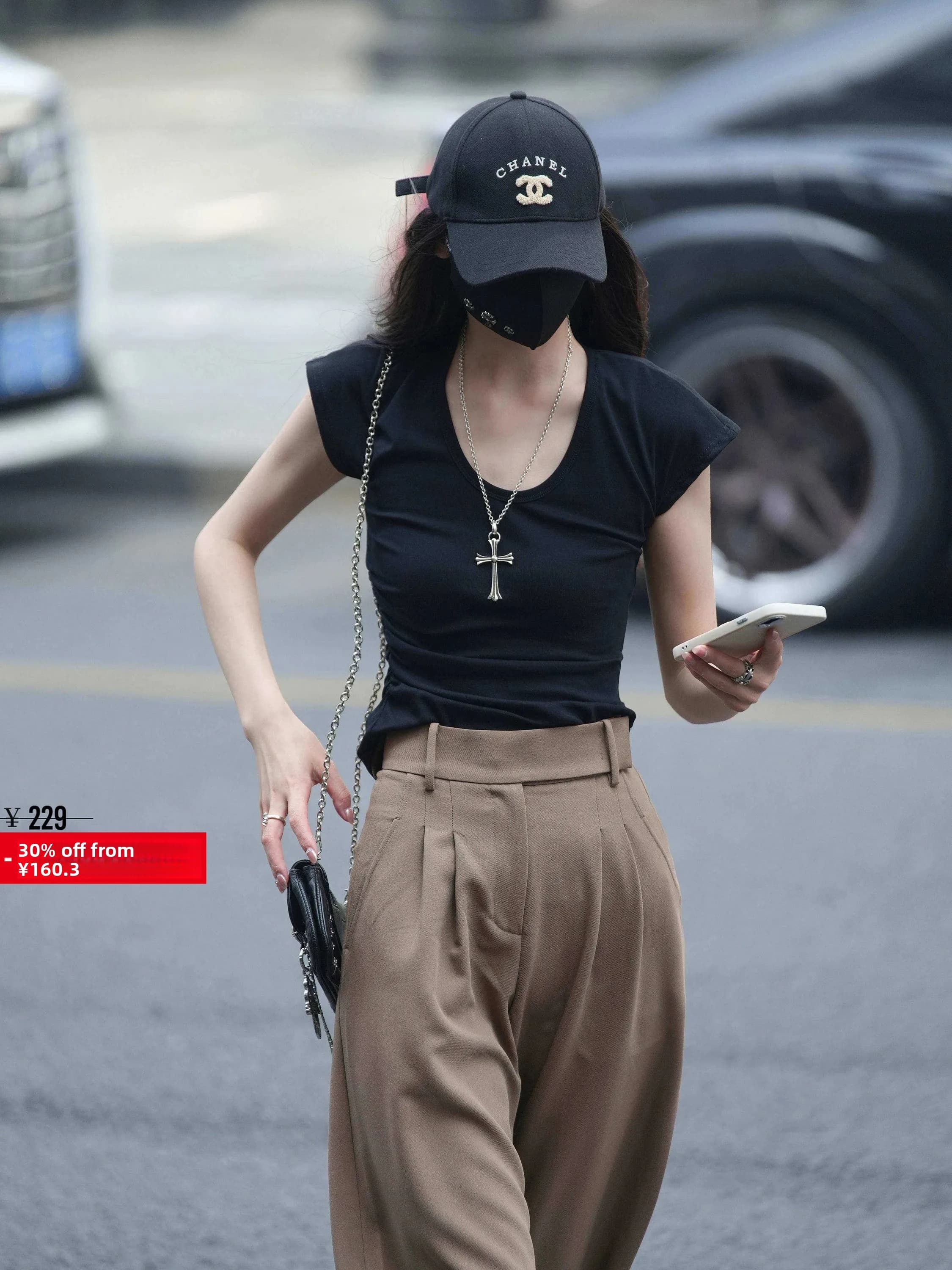 Black Uneven Short Sleeve round Neck T-Shirt Women's Summer Slim Fit Unique Top Korean Style Cotton Blend Elastic Fiber