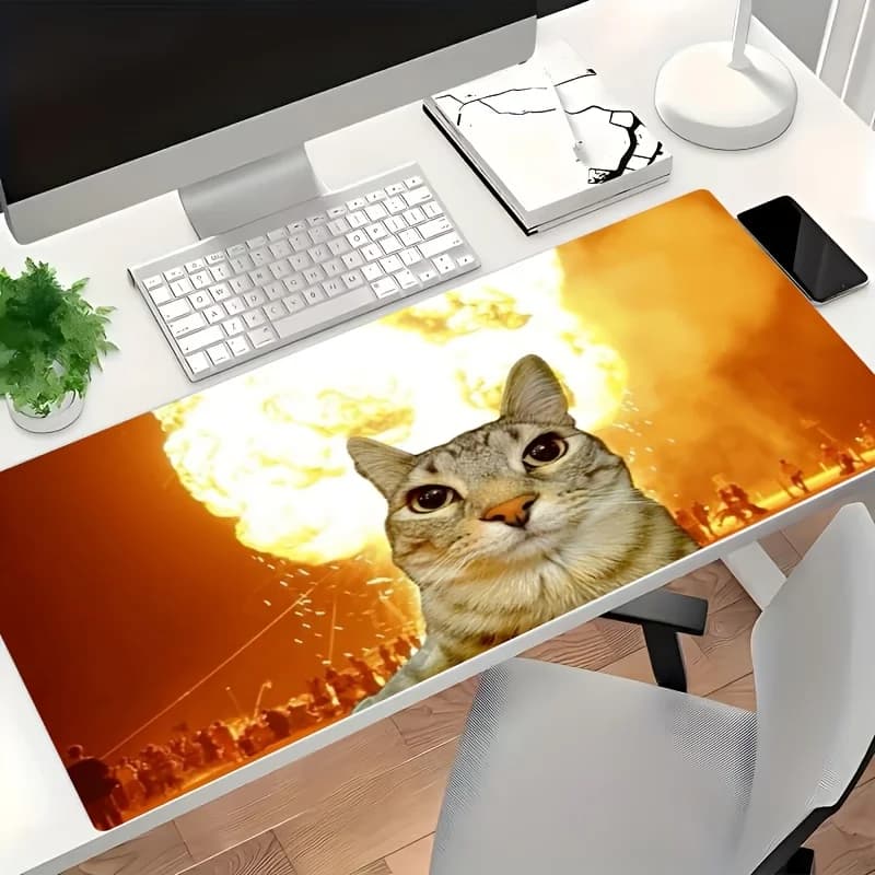 Long Gray Cat Explosion Design Desk Mat, Non-Slip Washable Rubber Mouse Pad for Gaming Office Laptop, Stylish Desk Decoration