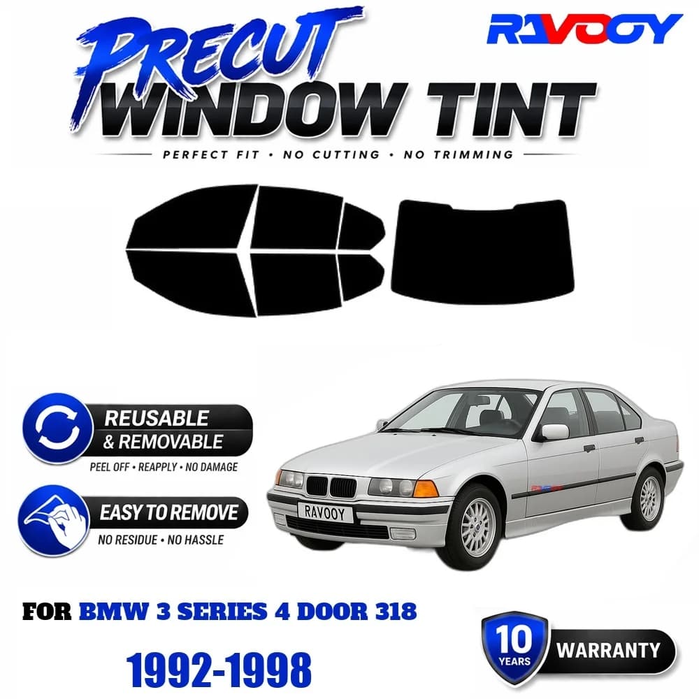 RAVOOY Precut Window Tint, Reusable Removable EPU Film, Custom Fit for Bmw 3 Series 4 Door 318 1992-1998, UV Heat Protection