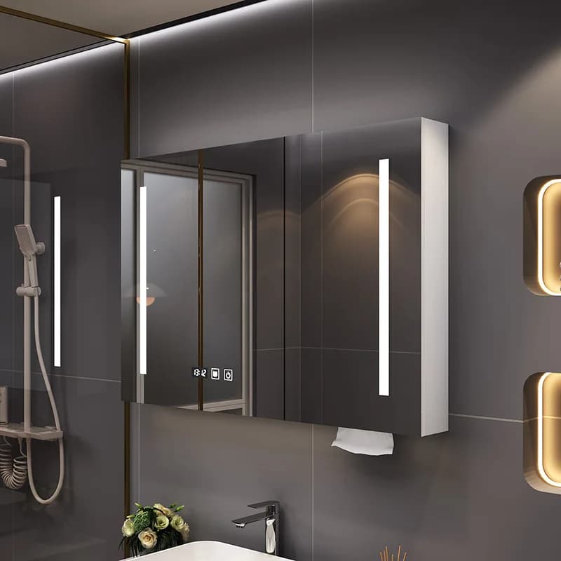 Specchio da bagno a LED intelligente Armadietto portaoggetti a parete in legno Specchio cosmetico Sensore tattile Mobili per armadietto dei medicinali antiappannamento