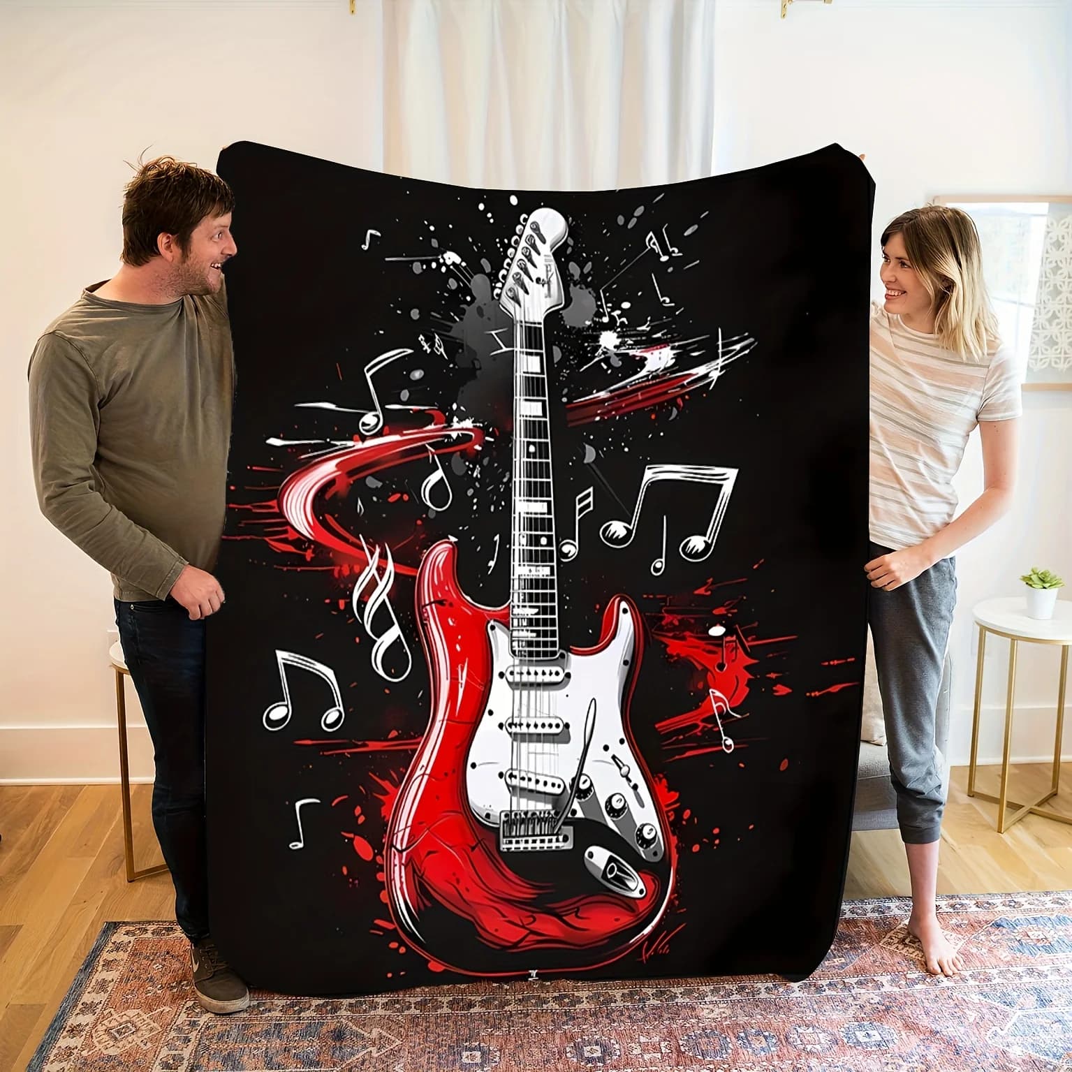 Coperta in flanella per chitarra rock – Coperta moderna nera rossa – Regalo morbido e caldo per tutte le stagioni – Elegante arredamento per divano letto