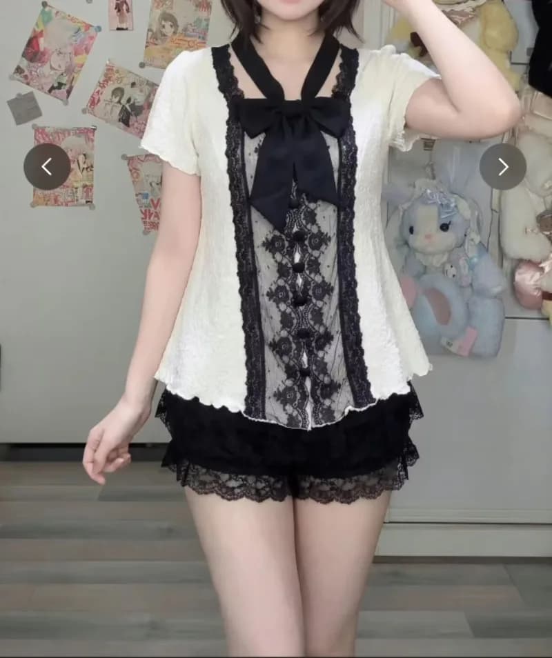 Japanese Style Summer Aesthetic Sweet 2 Piece Sets Women Black White Contrast Lace T-shirt Bow Y2K Top Lace Shorts Kawaii Outfit