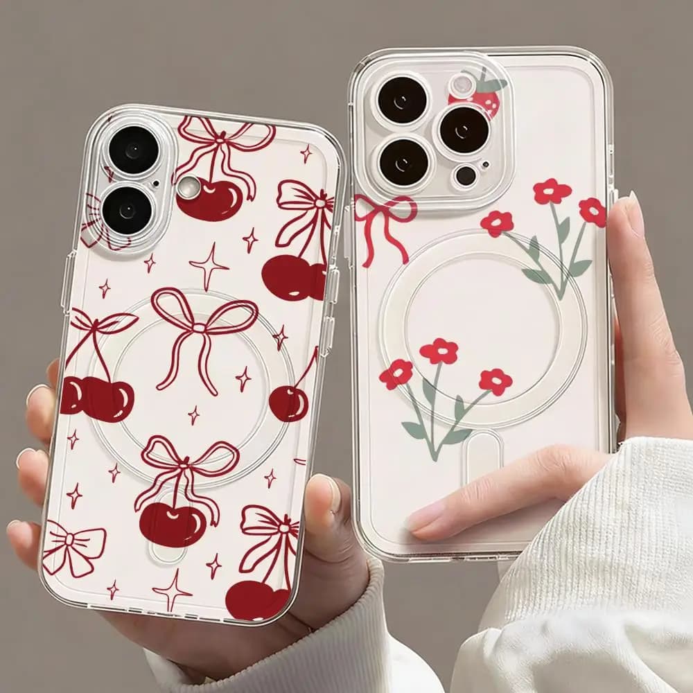 Cherry Tile Front Phone Case Magnetic Clear Case For IPhone 17 16 15 14 13 12 Pro Max Plus Slim Wireless Cover