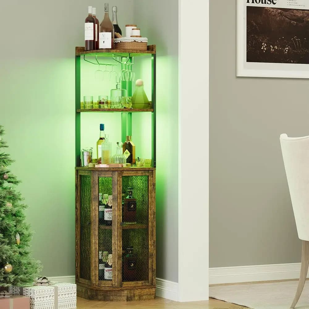 Mobiletto Angolare Bar con Presa di Corrente e Striscia LED, Vetrina Angolare per Liquori e Vini a 5 Ripiani, 65 H, per Casa, Soluzione di Stoccaggio