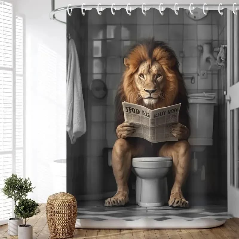 VIKAMA Novelty Animal Shower Curtain Black White Lion Reading Newspaper Print Waterproof Curtain for Bathroom Decoration