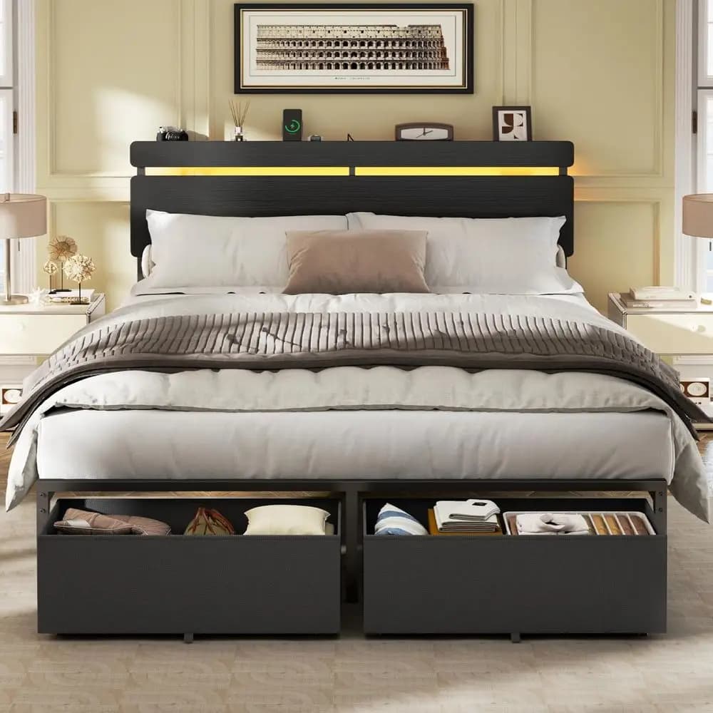 Double bed with wooden slats, container drawers, LED lights, charging station, metal support, no spring net required