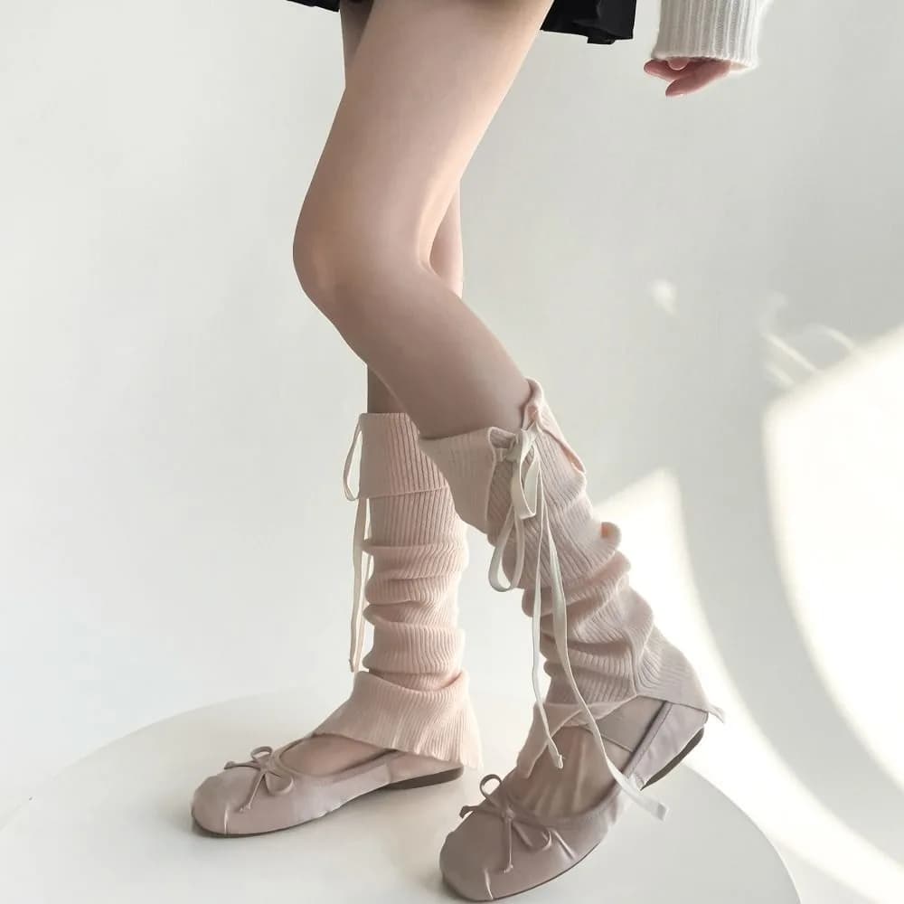 Elastic Y2K Lace Up Leg Warmers Sweet Ballet Foot Cover Women's Stockings Hosiery Bow Tie Knit Banding Leggings Autumn