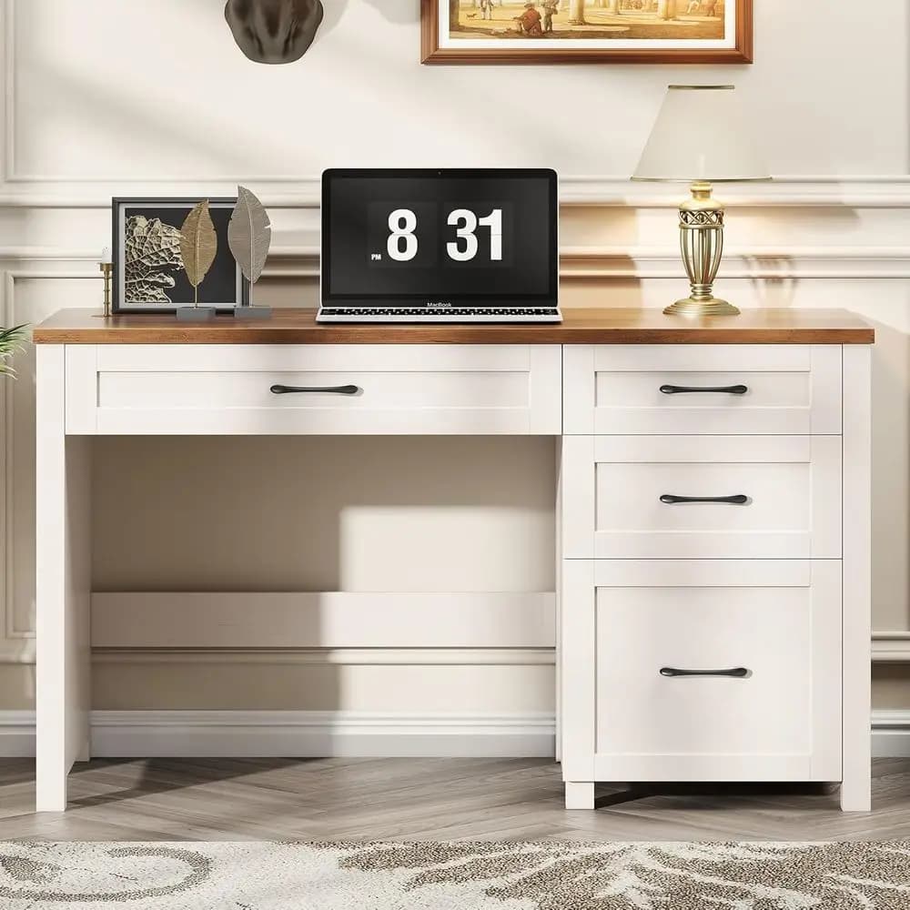 47 Modern Executive Desk with 4 Drawers, Computer Desk with Cable Management and Charging Station, Ideal for Home Office or Stud