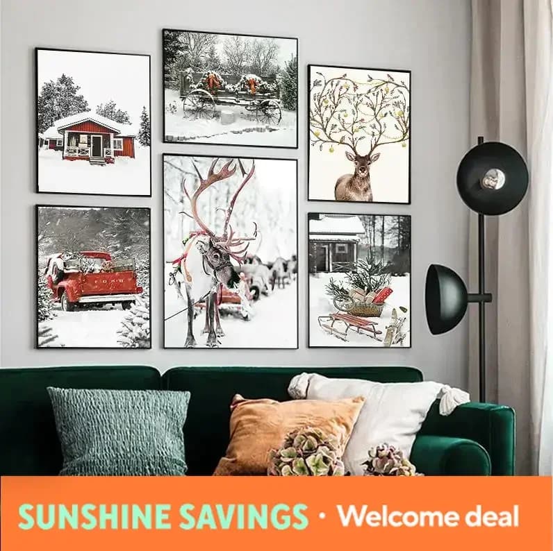 Christmas Red Car Girft Box Deer Snowflake Wall Art Diamond Painting Nordic Posters And Prints Wall Pictures For Living Room H