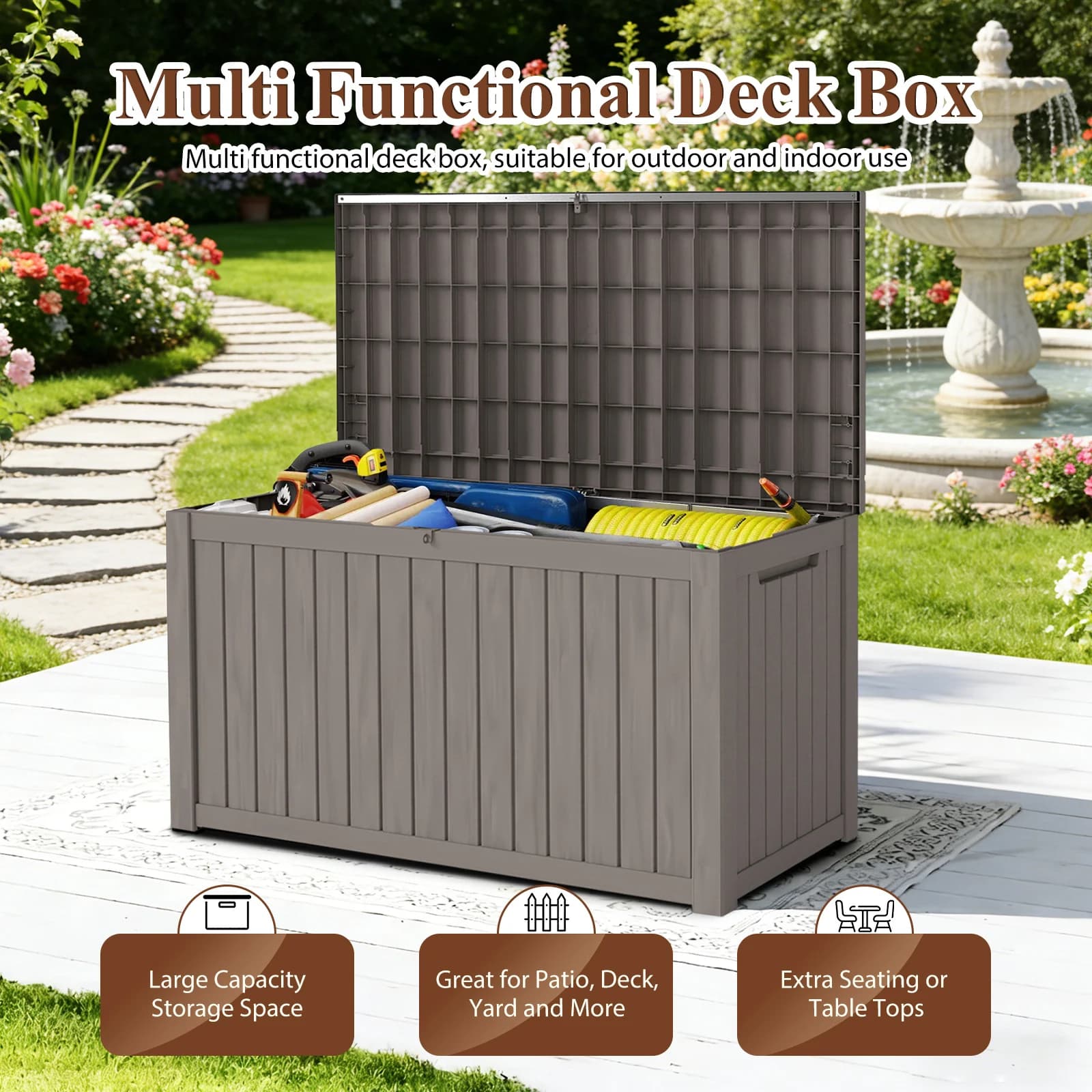 180 Gallon Heavy-Duty Resin Outdoor Storage Box, Wood Grain Patio, Garden & Pool Deck Organizer for Sports Gear, Yard Tools, Throw Pillows | Sturdy Plastic Construction, Multi-Purpose Use, Patio Storage Box, Classic Design, Durable Plastic, Box, Cabinet,