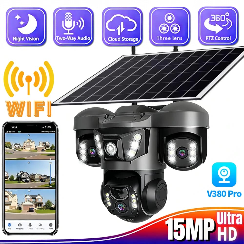 Solar Security Camera with 3 Screens and Zoom 10X, V380 Pro 4G and Wireless WiFi for Exterior, SIM Card Support, Easy Configuration and Monitoring