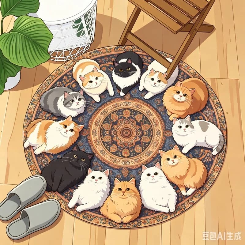 Newest 2D Cat Pattern Vintage Persian Multi Cat Print Round Rug Non Slip Boho Living Room Floor Carpet