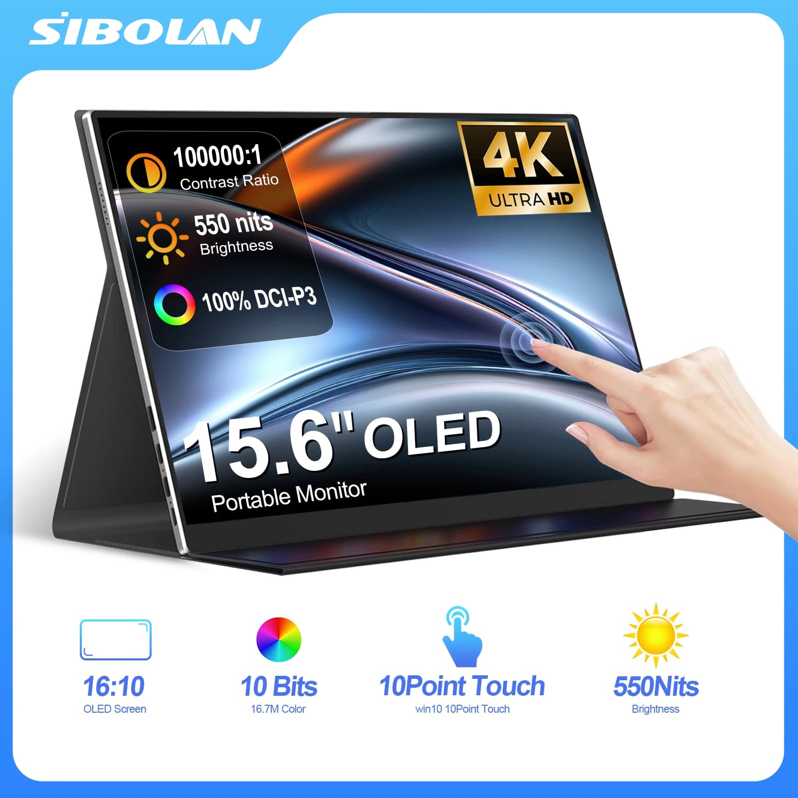 SIBOLAN 4K OLED 15.6" Touch 16:10 UHD USB C HDMI 100% sRGB External Display for Gaming Phone Xbox Switch Laptop