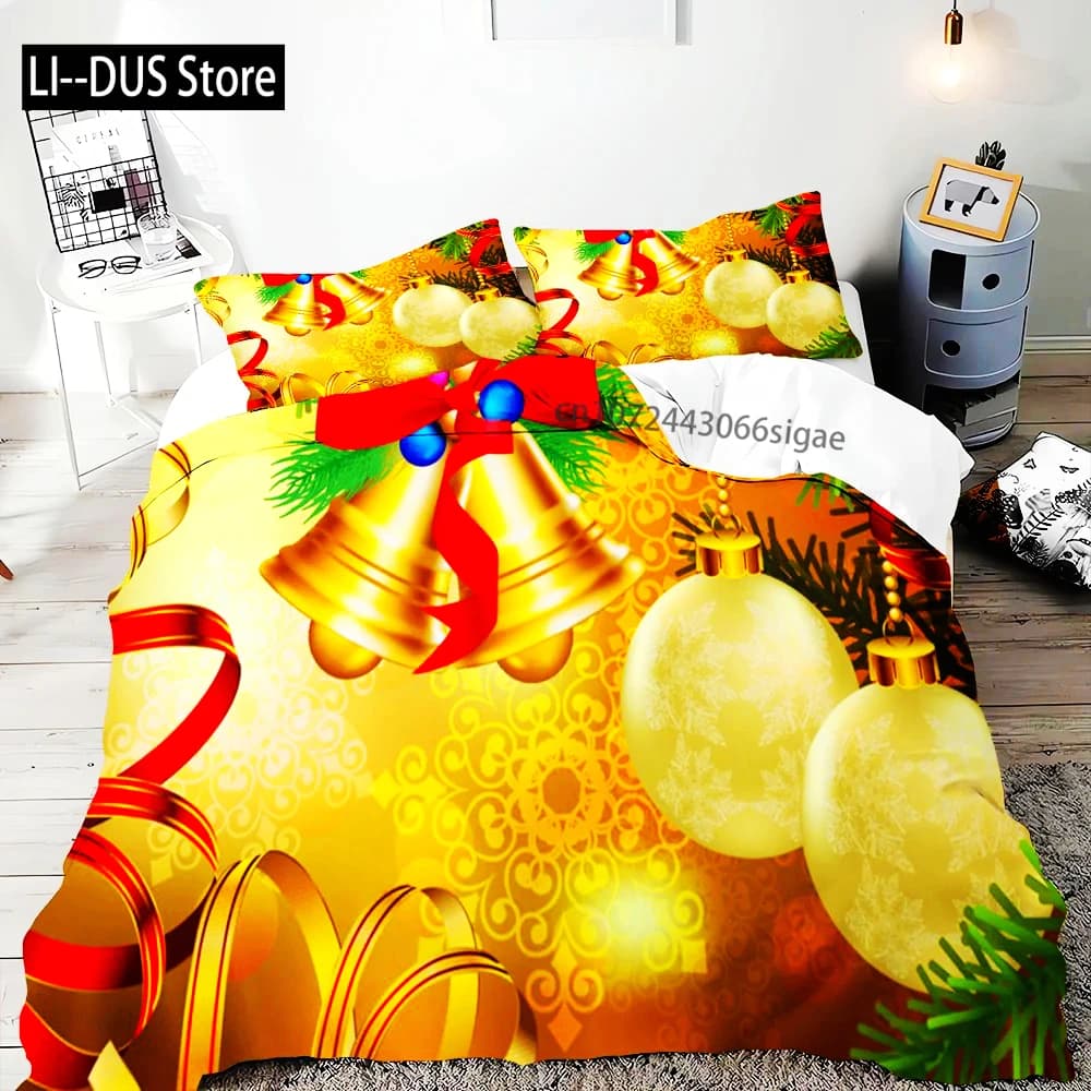 Copripiumino di buon Natale Set di biancheria da letto con fiocco a campana dorata per ragazzi e adolescenti Regali di festa Decorazione della camera da letto Queen King Full Size