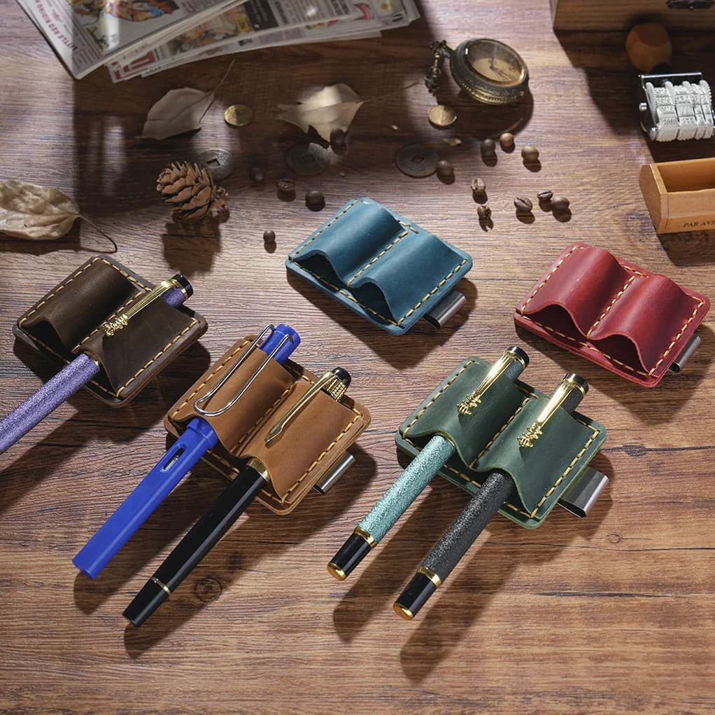 Fromthenon Vintage Top Layer Cowhide Double Pen Holder Handmade Crazy Horse Leather Traveler Notebook Pen Holder Stainless