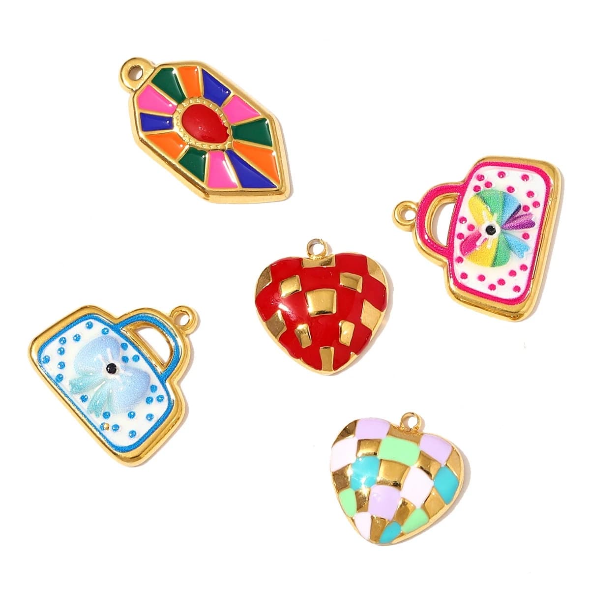 3 pz/lotto in acciaio inossidabile colorato cuore charms smalto carino ciondolo borsa per fare fai da te accessori collana all'ingrosso