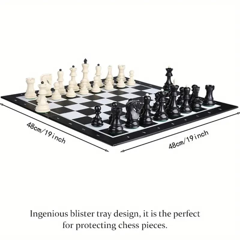 New large 48cm/19inch folding chess set with a special design for the enhanced pieces and made of PVC material, is an ideal gift