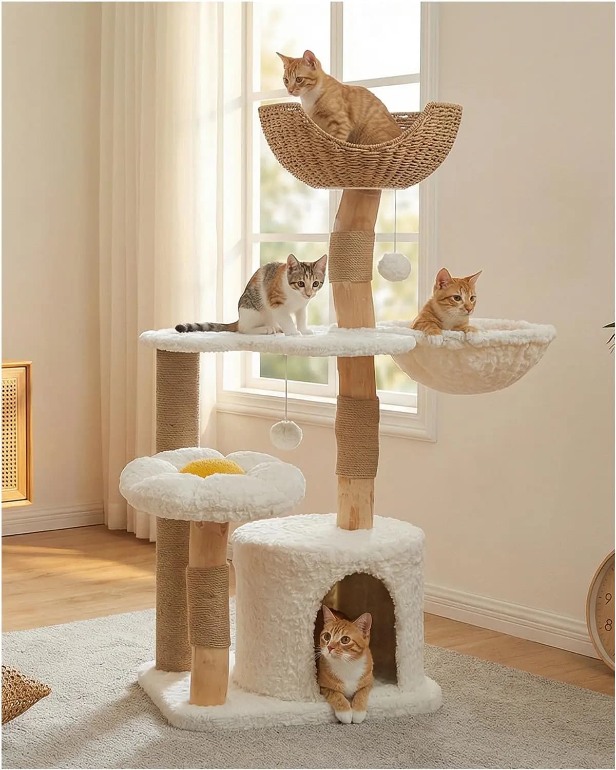 Cat Tree Large Cats 48.5in Tower Flower Bed Condo Hammock Rattan Perch Sisal Post Double Base Anti-tip Strap, Customized