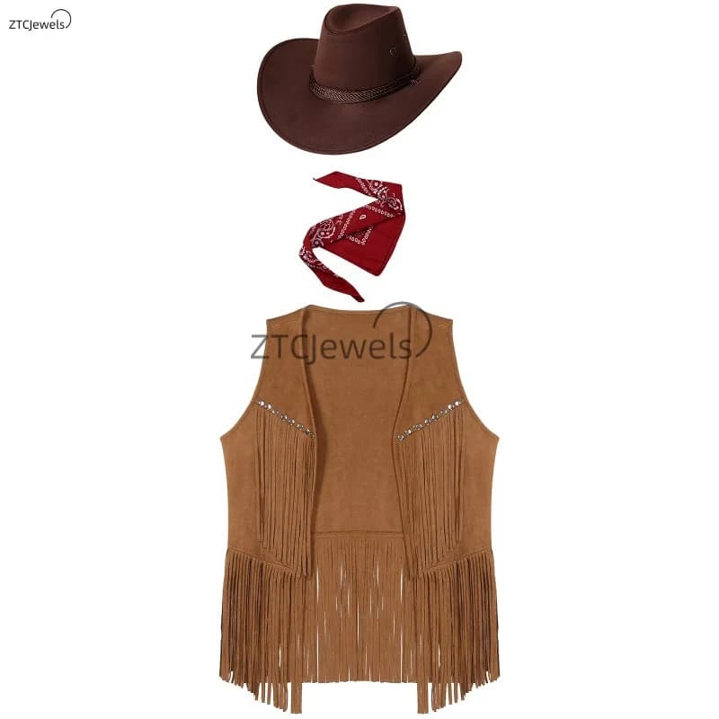 2026 Men Halloween Them Party Western Cowboy Cosplay Costume Set Faux Suede Tassel Rivets Steampunk Vest Waistcoat with Hat