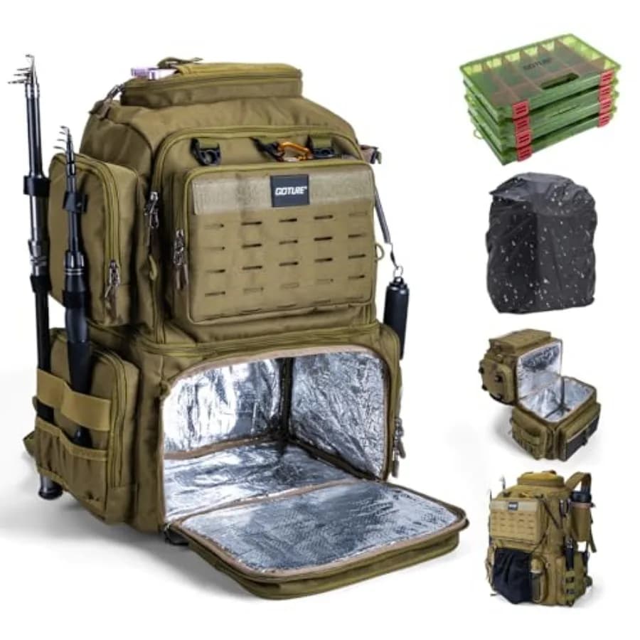 Zaino da Pesca con 4 Scatole Porta Attrezzatura, Zaino da Pesca Impermeabile 78L 600D con Scomparto Termico, Portacanne, 8 Tasche per Esche, Copertura Antipioggia